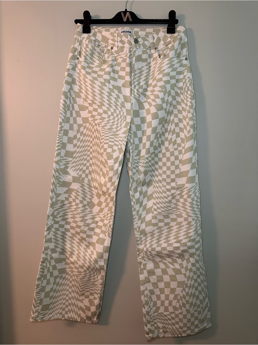 RSQ Checkerboard Warp Jeans in Cream and Sage Green